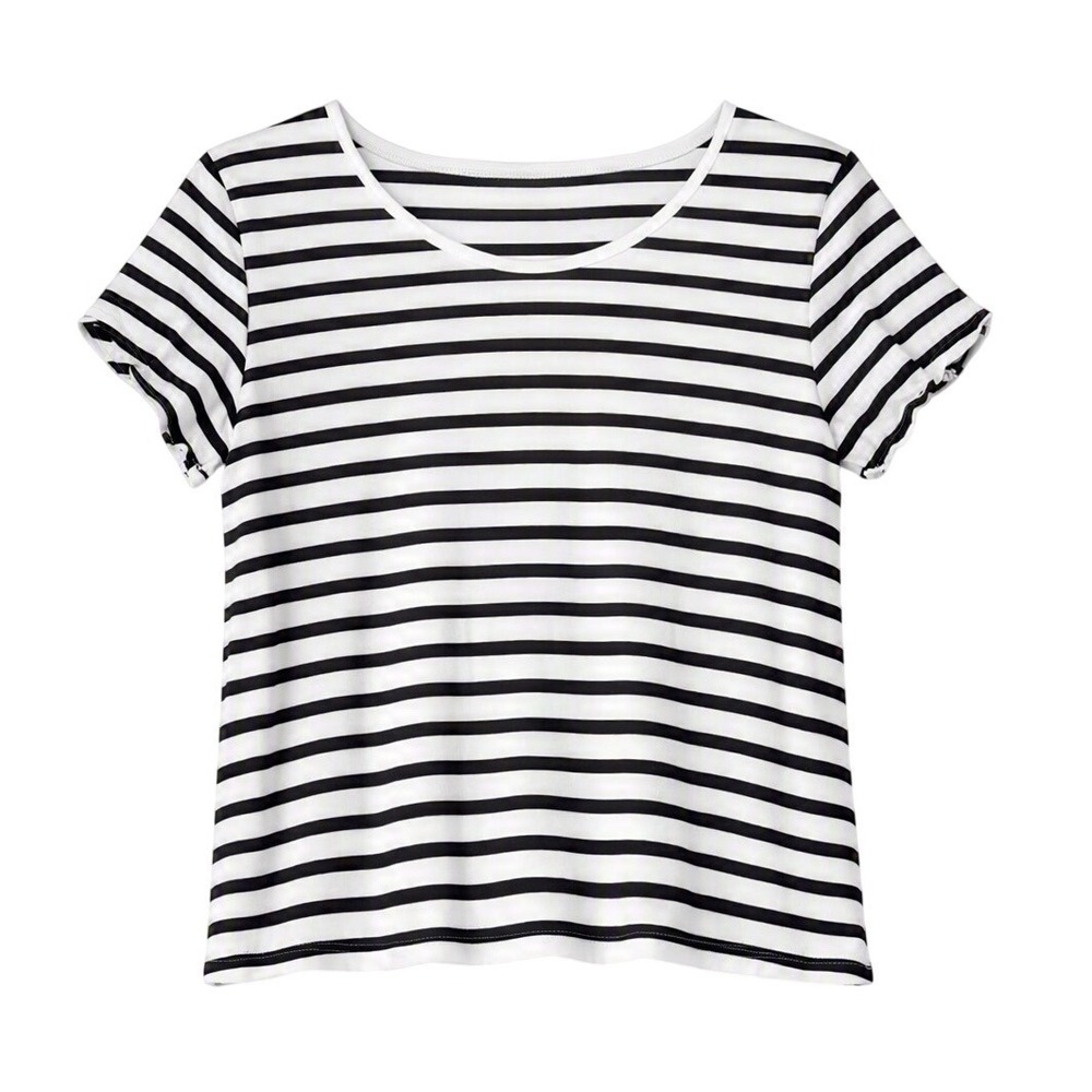 Zara Striped T-Shirt Women Large Black White Lettuce Hem Short Sleeve Tee